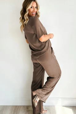 Fashion Dear-Lover Solid Color T Shirt 2pcs Wide Leg Pants Set Smoke Gray