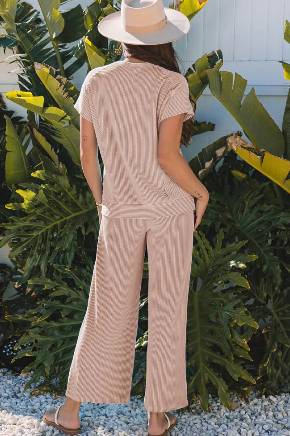 Outlet Dear-Lover Solid Corded Knit Short Sleeve T Shirt and Wide Leg Pants Set Smoke Gray