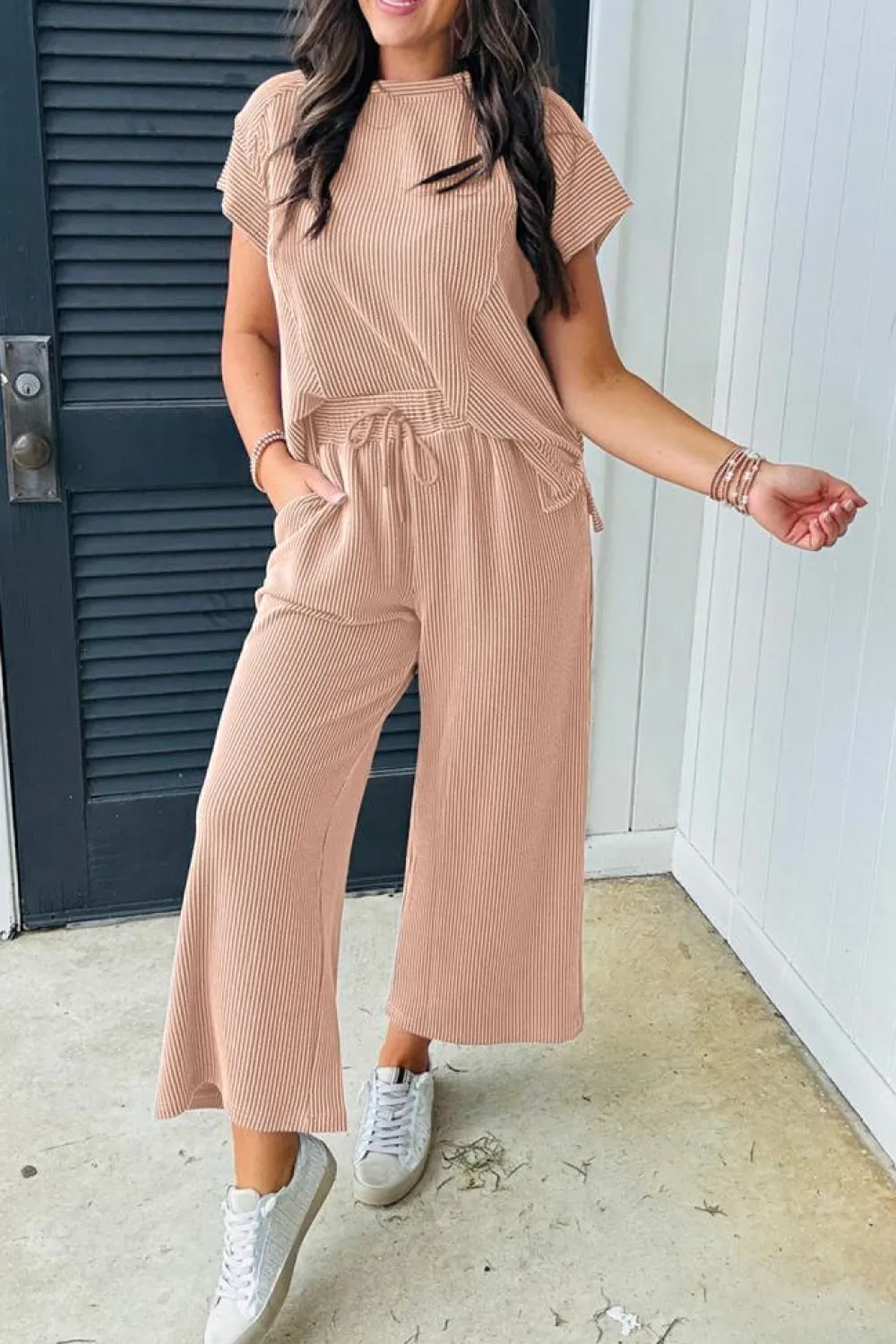 Outlet Dear-Lover Solid Corded Knit Short Sleeve T Shirt and Wide Leg Pants Set Smoke Gray
