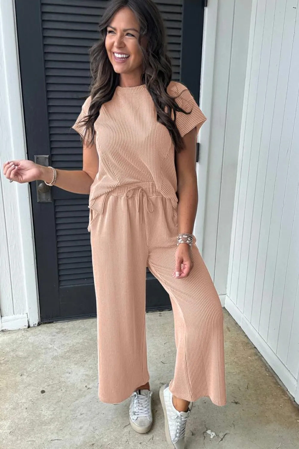 Outlet Dear-Lover Solid Corded Knit Short Sleeve T Shirt and Wide Leg Pants Set Smoke Gray