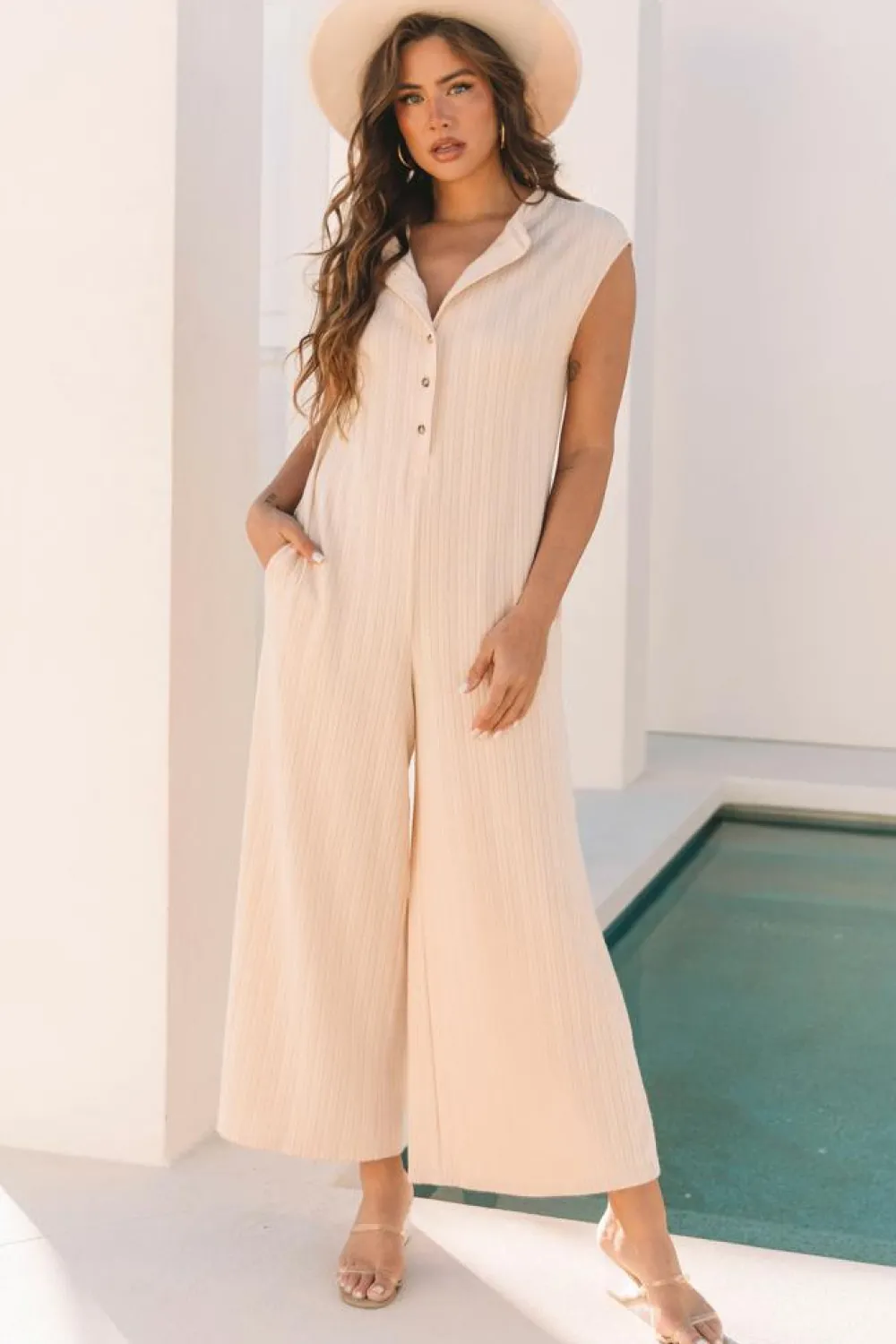 Discount Dear-Lover Textured Buttoned Wide Leg Sleeveless Jumpsuit Smoke Gray