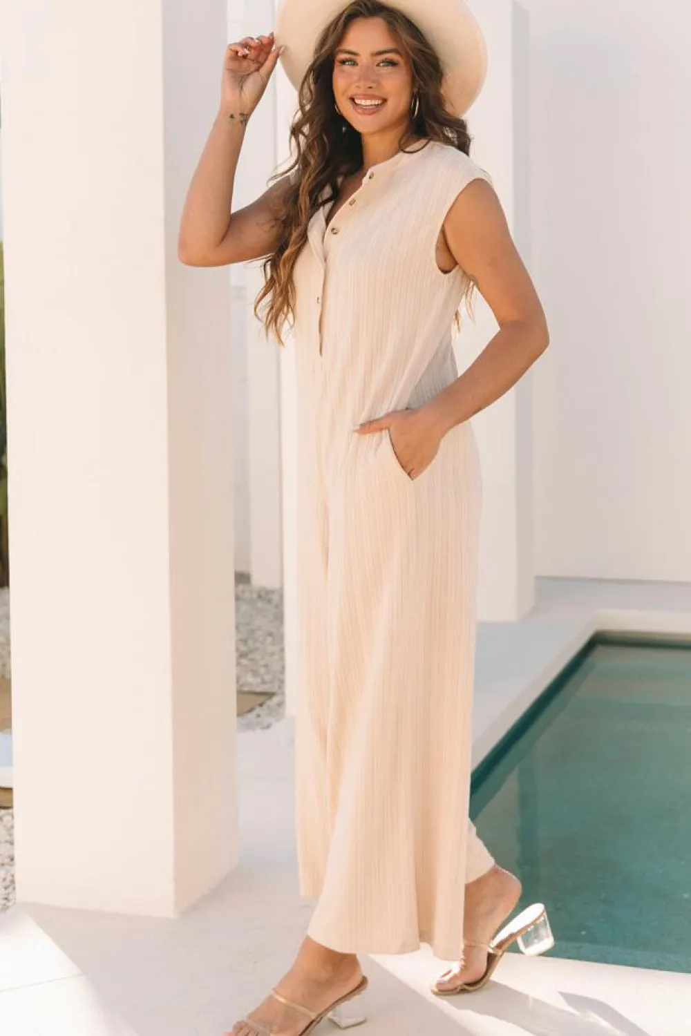 Discount Dear-Lover Textured Buttoned Wide Leg Sleeveless Jumpsuit Smoke Gray