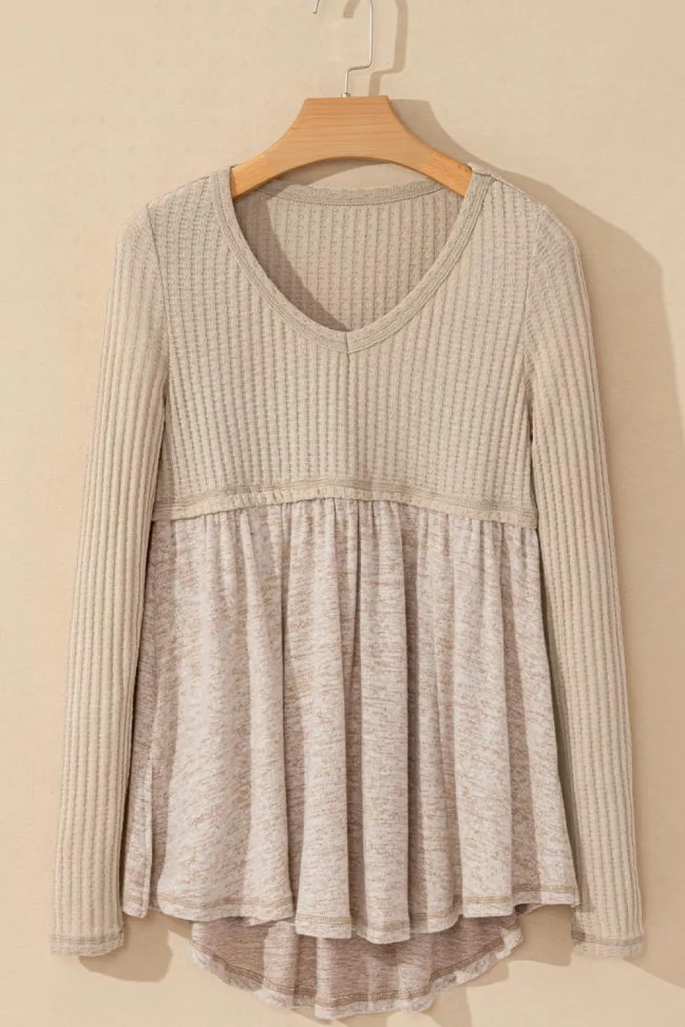 Hot Dear-Lover Textured Long Sleeve V Neck Babydoll Top Smoke Gray