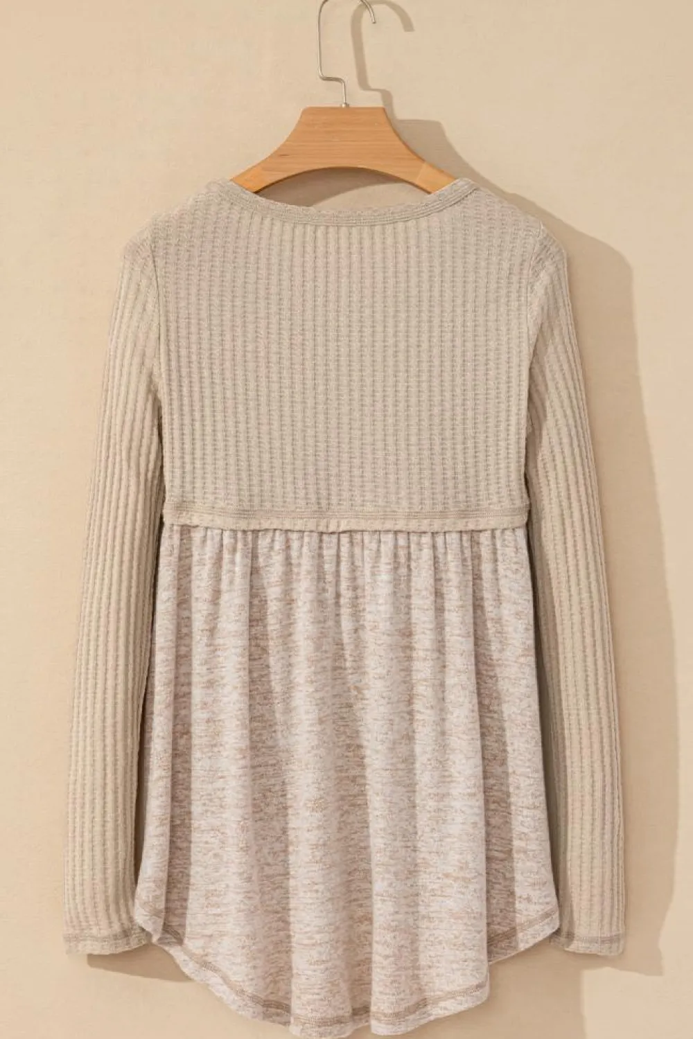 Hot Dear-Lover Textured Long Sleeve V Neck Babydoll Top Smoke Gray