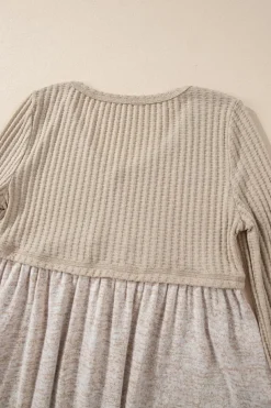 Hot Dear-Lover Textured Long Sleeve V Neck Babydoll Top Smoke Gray