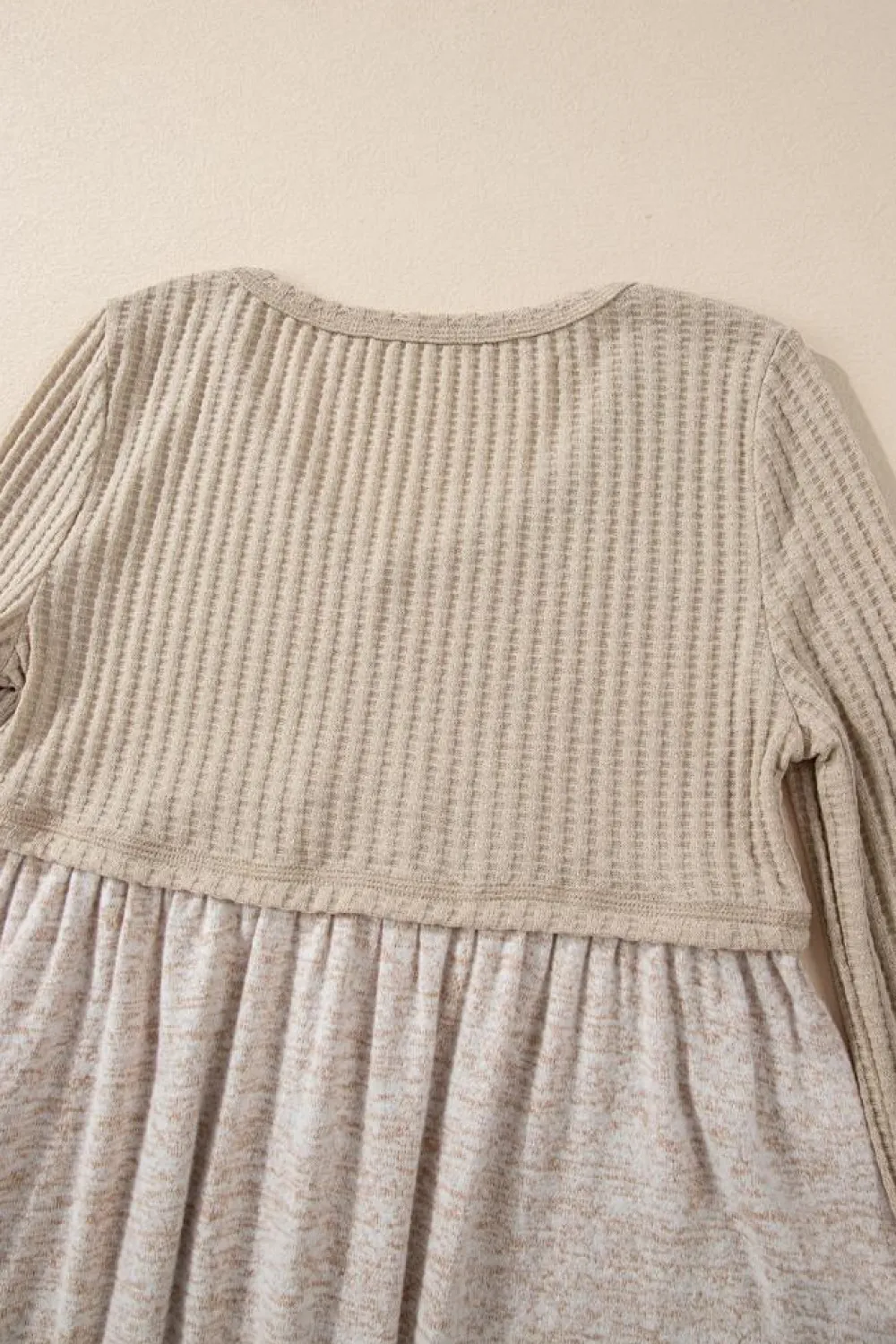Hot Dear-Lover Textured Long Sleeve V Neck Babydoll Top Smoke Gray