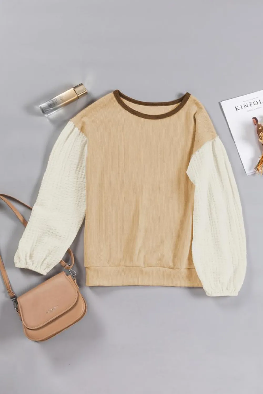 Online Dear-Lover Textured Patchwork Crew Neck Puff Sleeves Top Smoke Gray