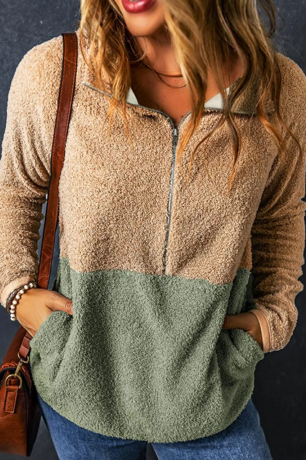 Fashion Dear-Lover Two Tones Color Block Half Zip Fleece Sweatshirt Smoke Gray