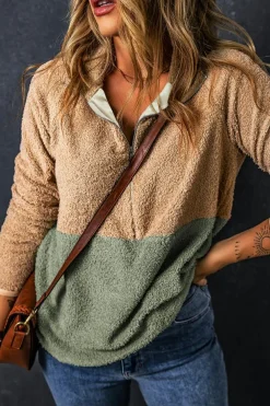 Fashion Dear-Lover Two Tones Color Block Half Zip Fleece Sweatshirt Smoke Gray