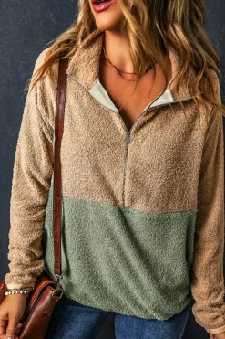 Fashion Dear-Lover Two Tones Color Block Half Zip Fleece Sweatshirt Smoke Gray