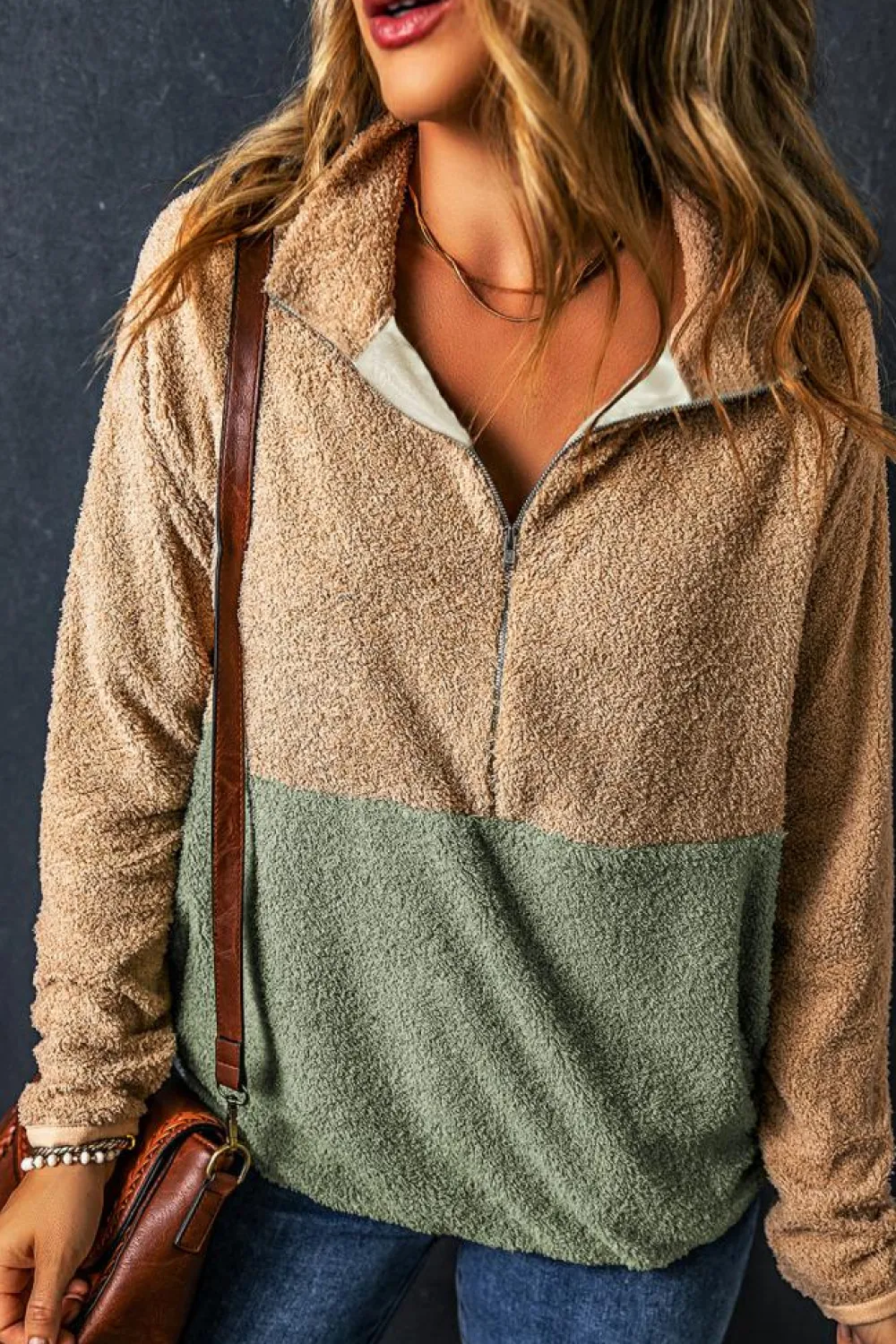 Fashion Dear-Lover Two Tones Color Block Half Zip Fleece Sweatshirt Smoke Gray