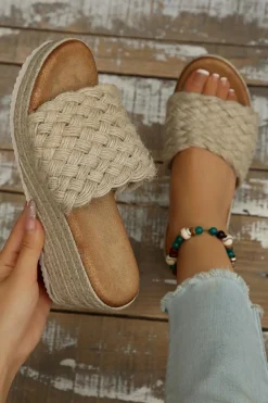 New Dear-Lover Woven Wide Band Platform Slippers Smoke Gray