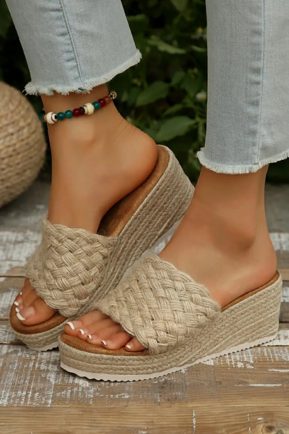 New Dear-Lover Woven Wide Band Platform Slippers Smoke Gray
