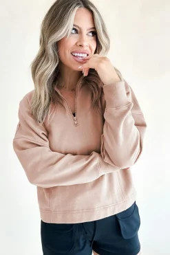 New Dear-Lover Zipped Neck Pullover Drop Shoulder Sweatshirt Smoke Gray