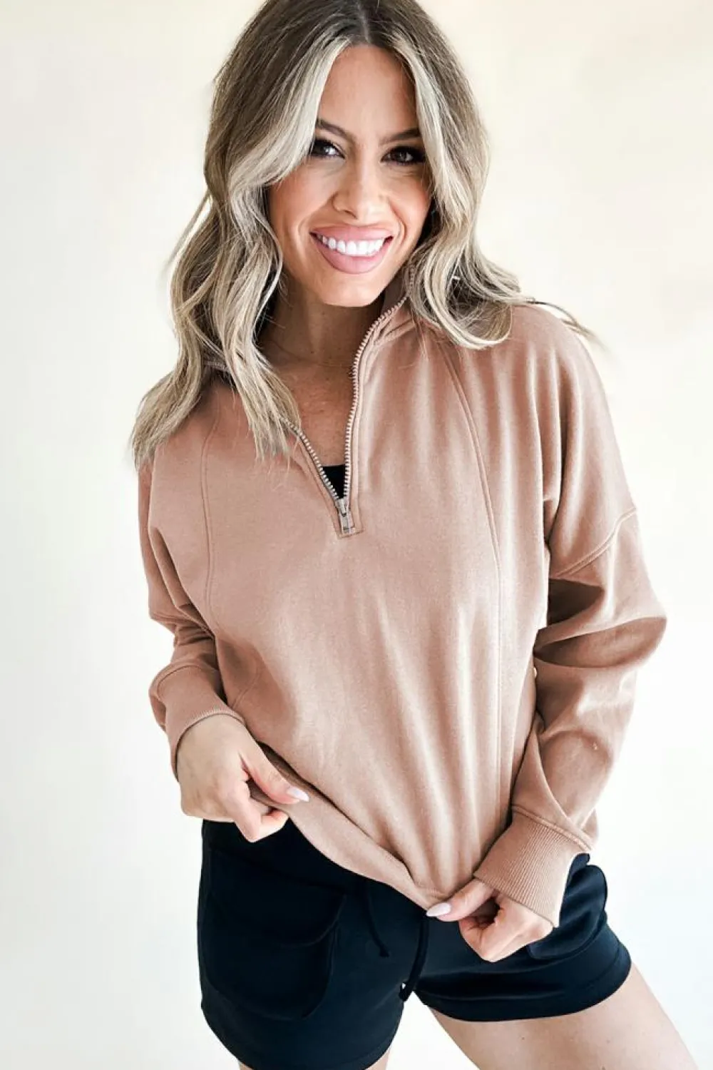 New Dear-Lover Zipped Neck Pullover Drop Shoulder Sweatshirt Smoke Gray