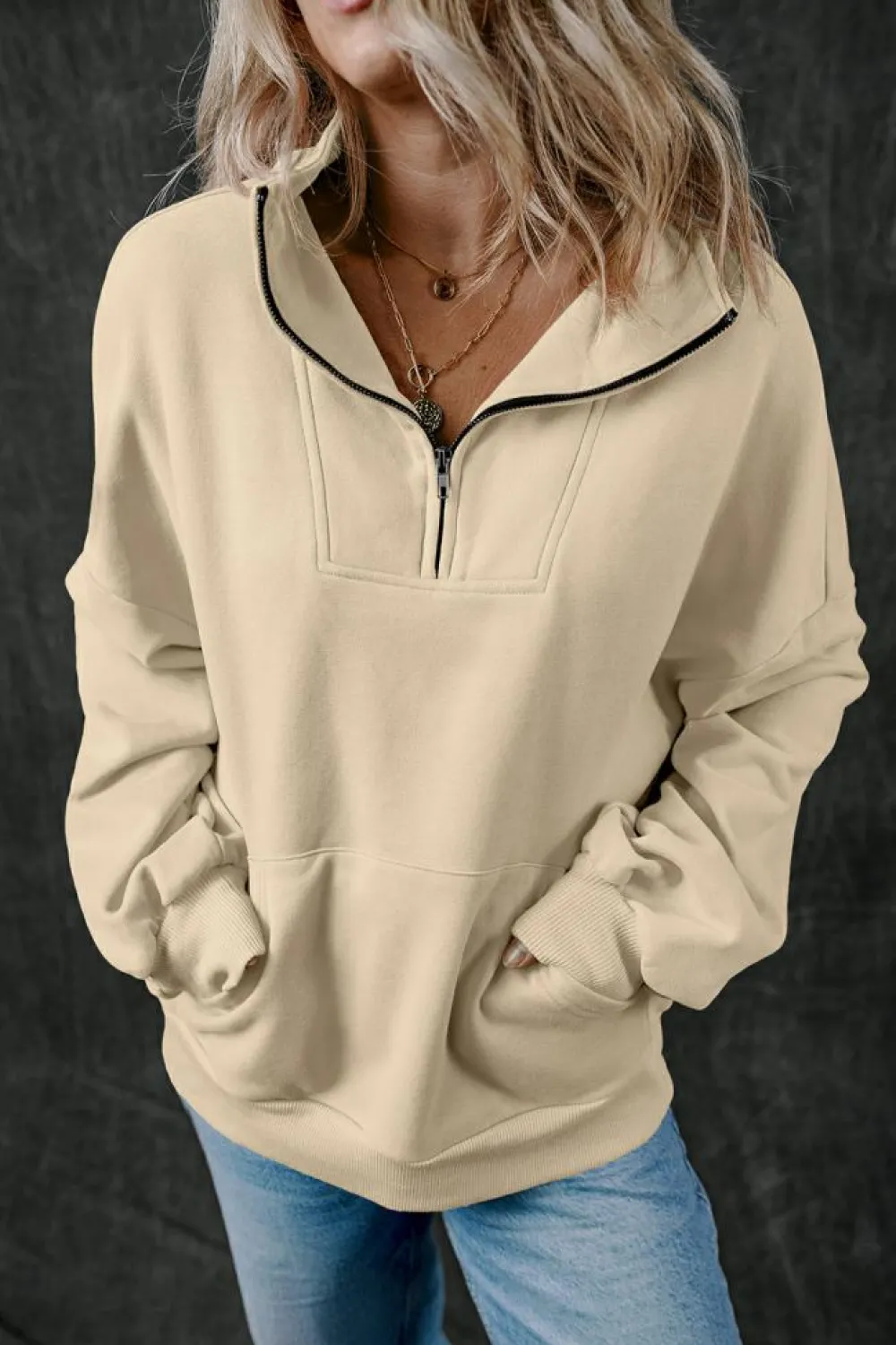 New Dear-Lover Zip-up Stand Neck Kangaroo Pocket Sweatshirt Smoke Gray