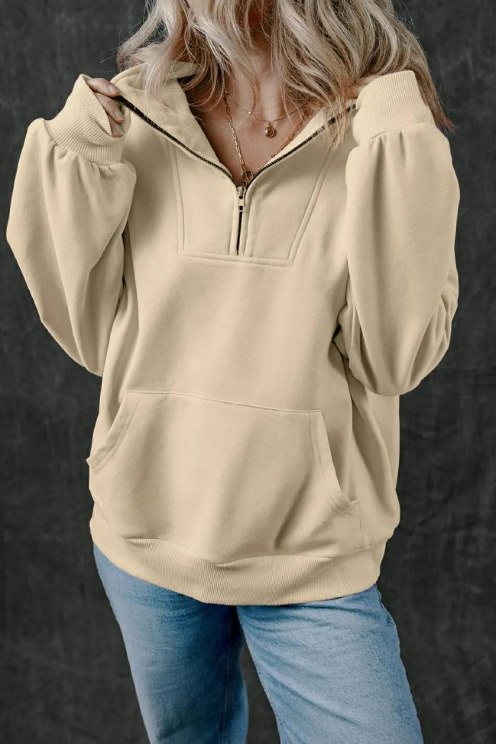 New Dear-Lover Zip-up Stand Neck Kangaroo Pocket Sweatshirt Smoke Gray