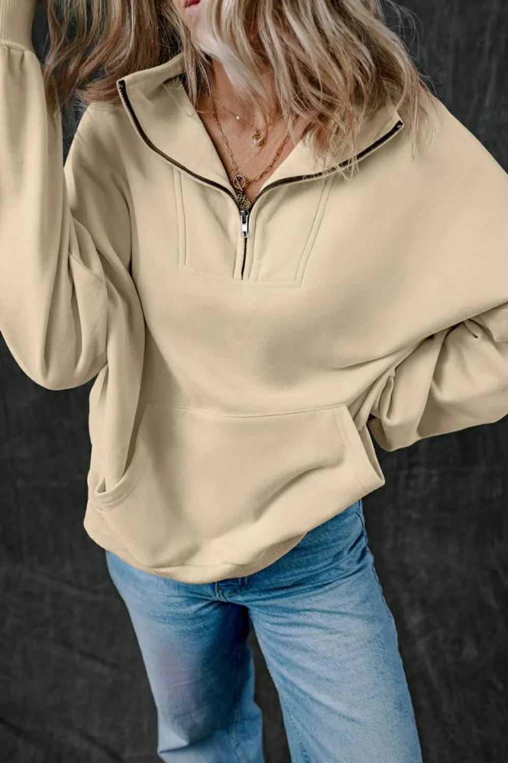New Dear-Lover Zip-up Stand Neck Kangaroo Pocket Sweatshirt Smoke Gray
