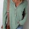 Clearance Dear-Lover Acid Wash Waffle Knit Buttoned Neckline Long Sleeve Top Smoke Green