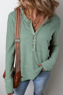 Clearance Dear-Lover Acid Wash Waffle Knit Buttoned Neckline Long Sleeve Top Smoke Green