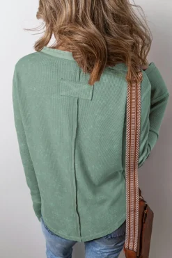 Clearance Dear-Lover Acid Wash Waffle Knit Buttoned Neckline Long Sleeve Top Smoke Green
