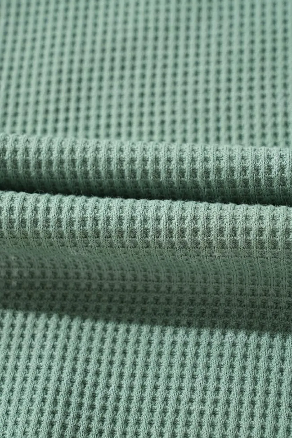 Clearance Dear-Lover Acid Wash Waffle Knit Buttoned Neckline Long Sleeve Top Smoke Green