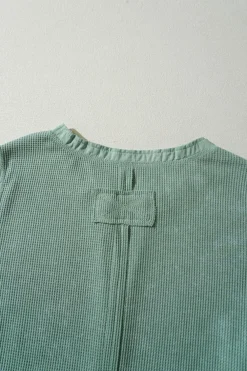 Clearance Dear-Lover Acid Wash Waffle Knit Buttoned Neckline Long Sleeve Top Smoke Green