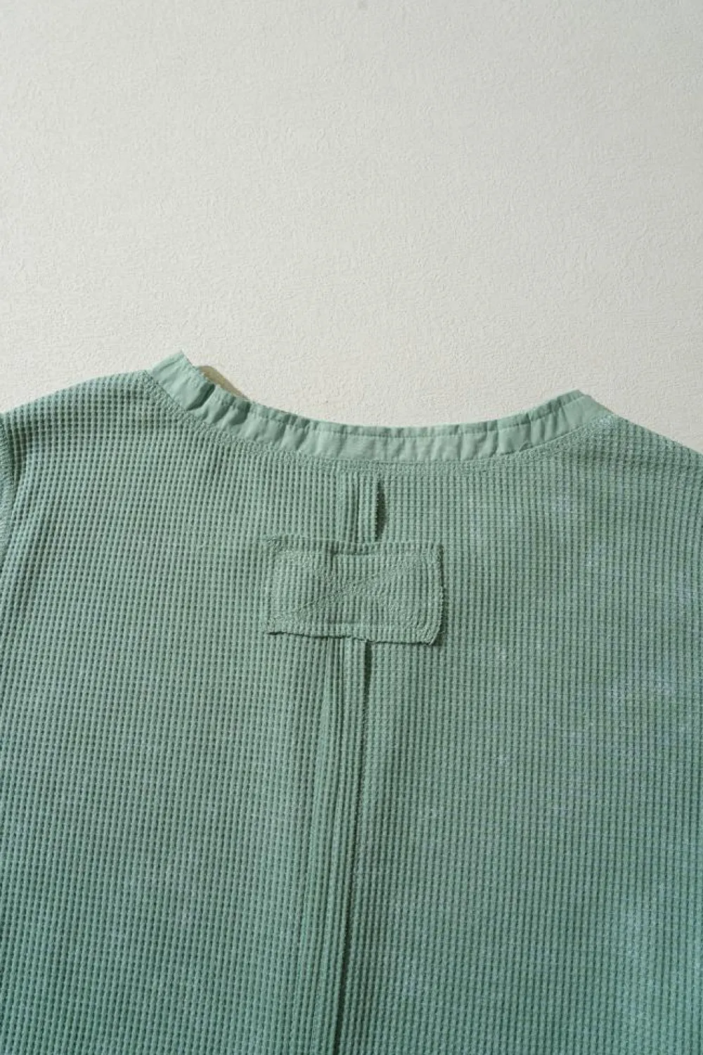 Clearance Dear-Lover Acid Wash Waffle Knit Buttoned Neckline Long Sleeve Top Smoke Green