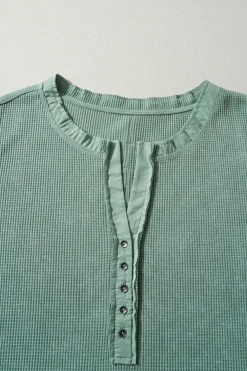 Clearance Dear-Lover Acid Wash Waffle Knit Buttoned Neckline Long Sleeve Top Smoke Green