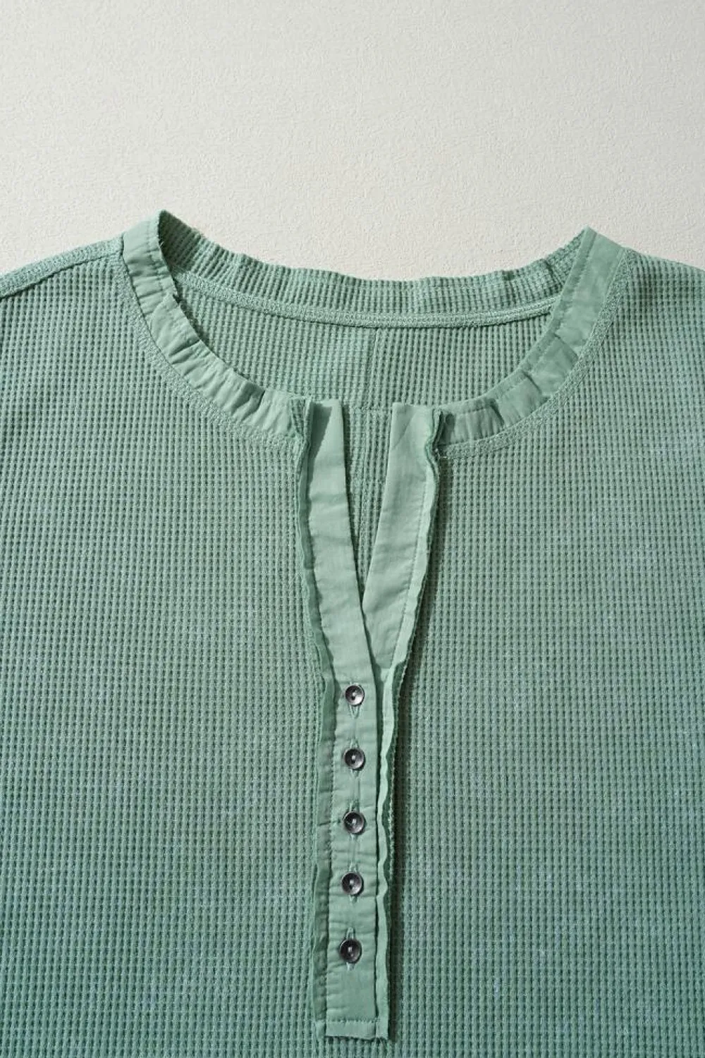 Clearance Dear-Lover Acid Wash Waffle Knit Buttoned Neckline Long Sleeve Top Smoke Green