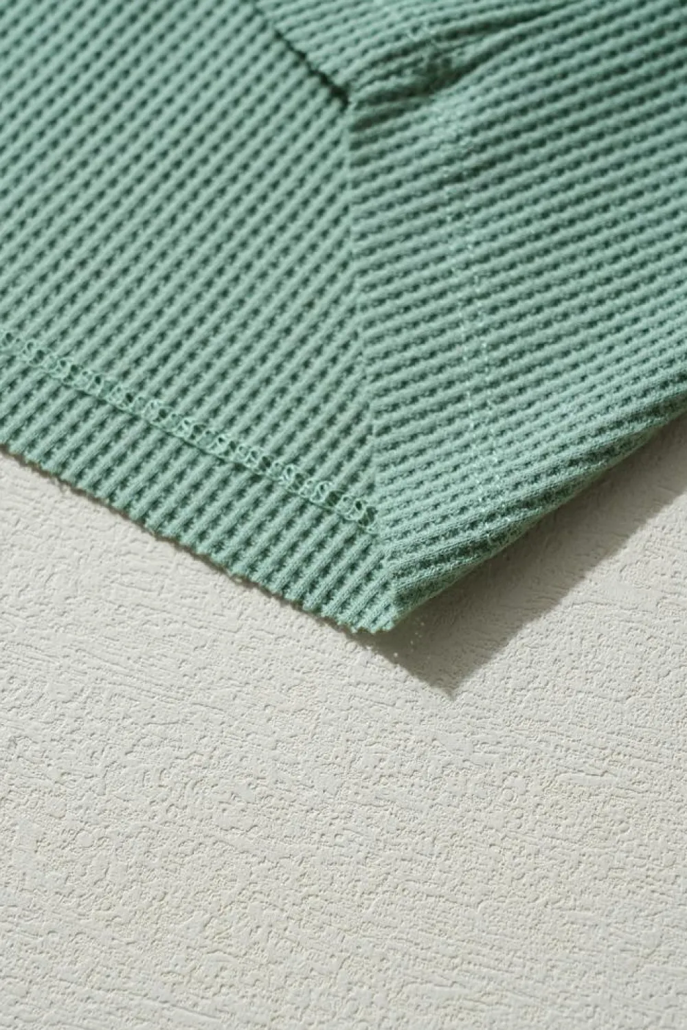 Clearance Dear-Lover Acid Wash Waffle Knit Buttoned Neckline Long Sleeve Top Smoke Green