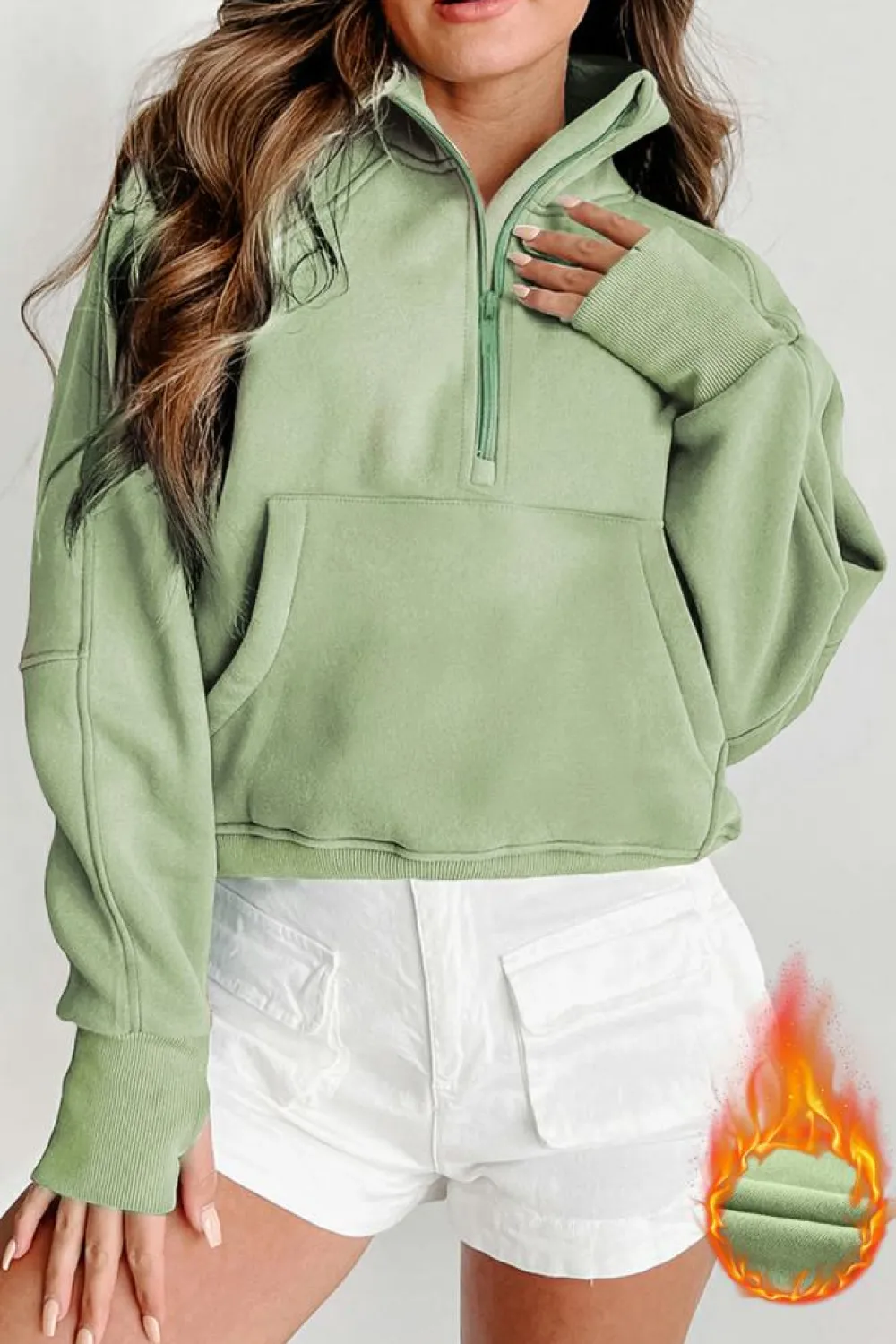 Hot Dear-Lover Fleece Lined Zip Up Stand Collar Thumbhole Sleeve Sweatshirt Smoke Green