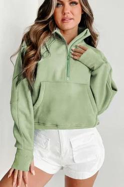 Hot Dear-Lover Fleece Lined Zip Up Stand Collar Thumbhole Sleeve Sweatshirt Smoke Green
