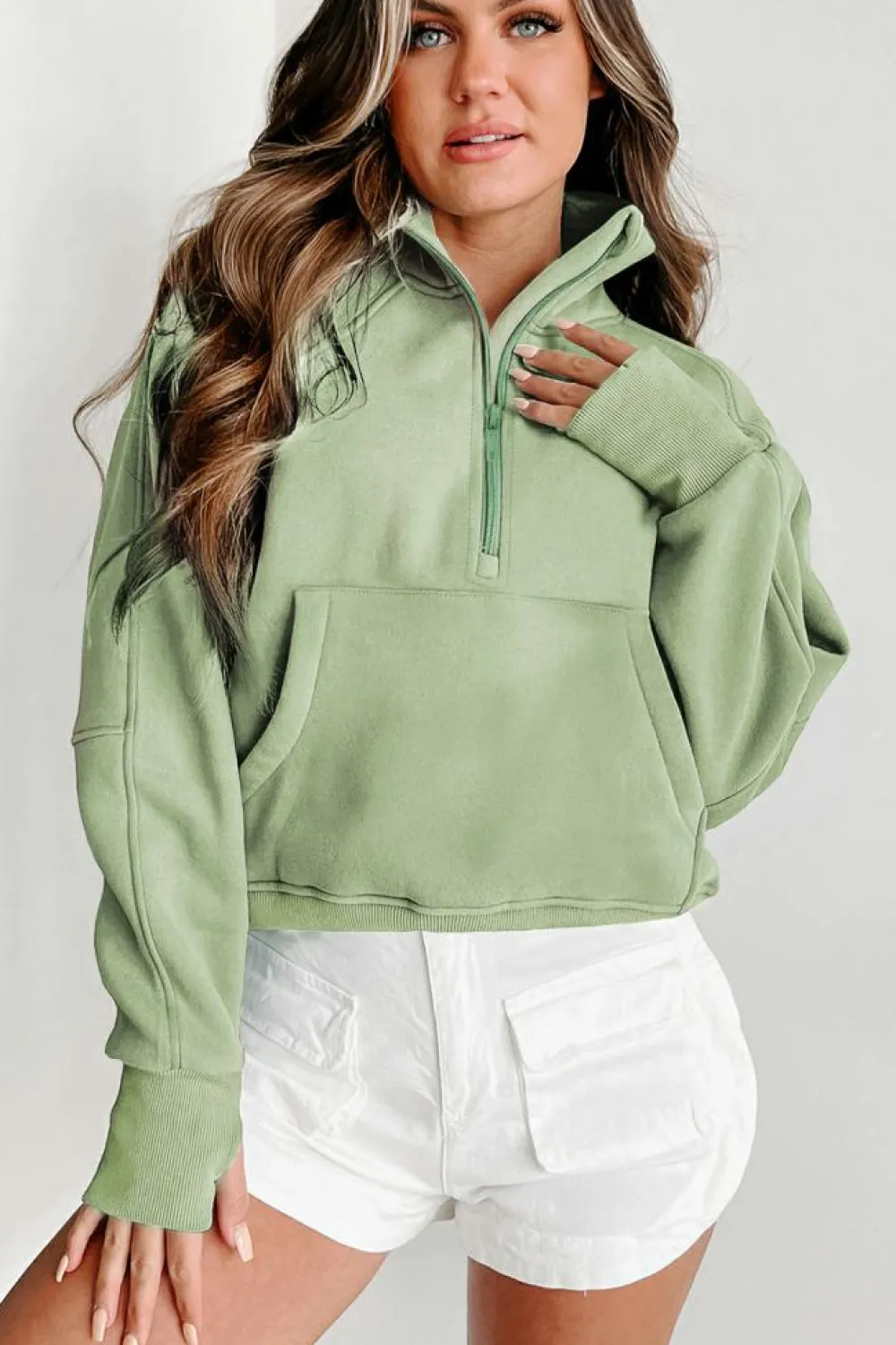 Hot Dear-Lover Fleece Lined Zip Up Stand Collar Thumbhole Sleeve Sweatshirt Smoke Green