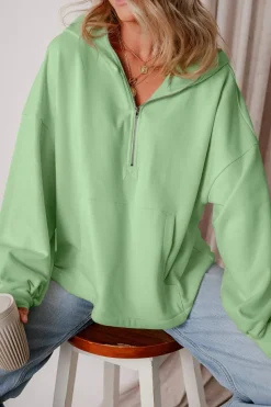 Discount Dear-Lover Fleece Lined Half Zipper Kangaroo Pockets Loose Hoodie Smoke Green