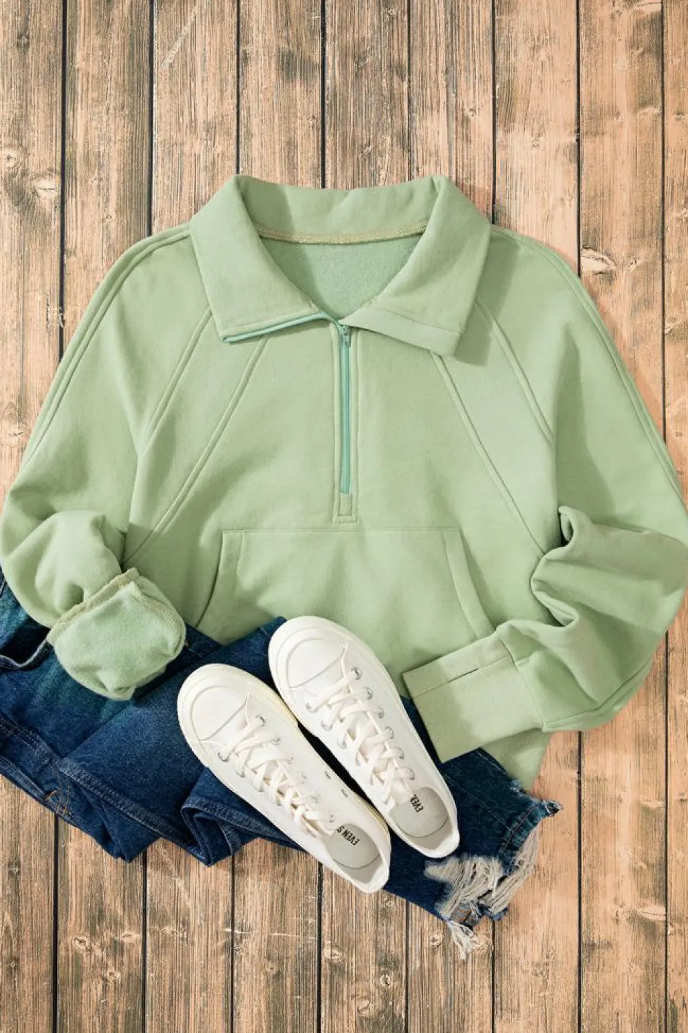 Hot Dear-Lover Fleece Lined Zip Up Stand Collar Thumbhole Sleeve Sweatshirt Smoke Green