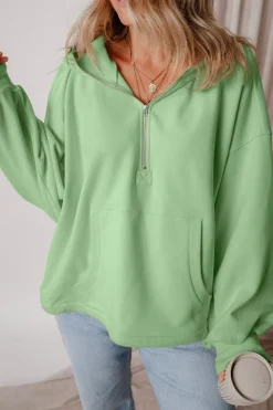 Discount Dear-Lover Fleece Lined Half Zipper Kangaroo Pockets Loose Hoodie Smoke Green
