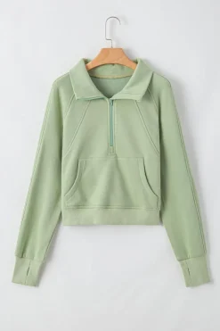 Hot Dear-Lover Fleece Lined Zip Up Stand Collar Thumbhole Sleeve Sweatshirt Smoke Green
