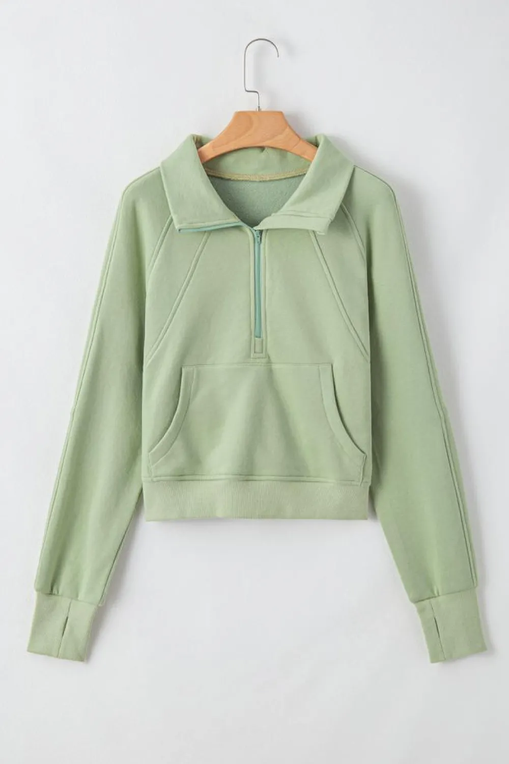 Hot Dear-Lover Fleece Lined Zip Up Stand Collar Thumbhole Sleeve Sweatshirt Smoke Green