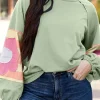Best Dear-Lover Flower Patchwork Raglan Sleeve Exposed Seam Oversized Top Smoke Green
