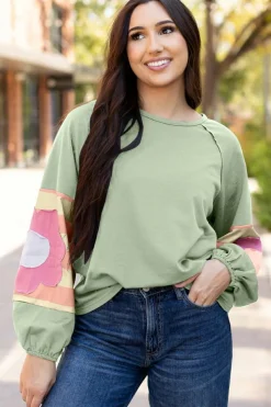 Best Dear-Lover Flower Patchwork Raglan Sleeve Exposed Seam Oversized Top Smoke Green