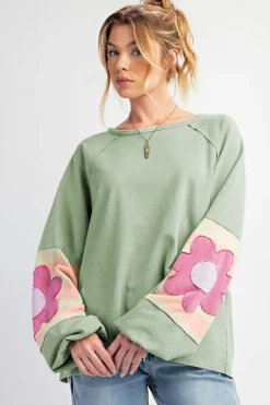 Best Dear-Lover Flower Patchwork Raglan Sleeve Exposed Seam Oversized Top Smoke Green