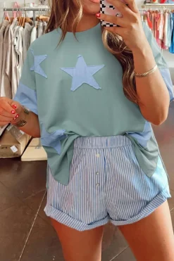 Hot Dear-Lover Frayed Denim Star Patched Oversize T Shirt Smoke Green
