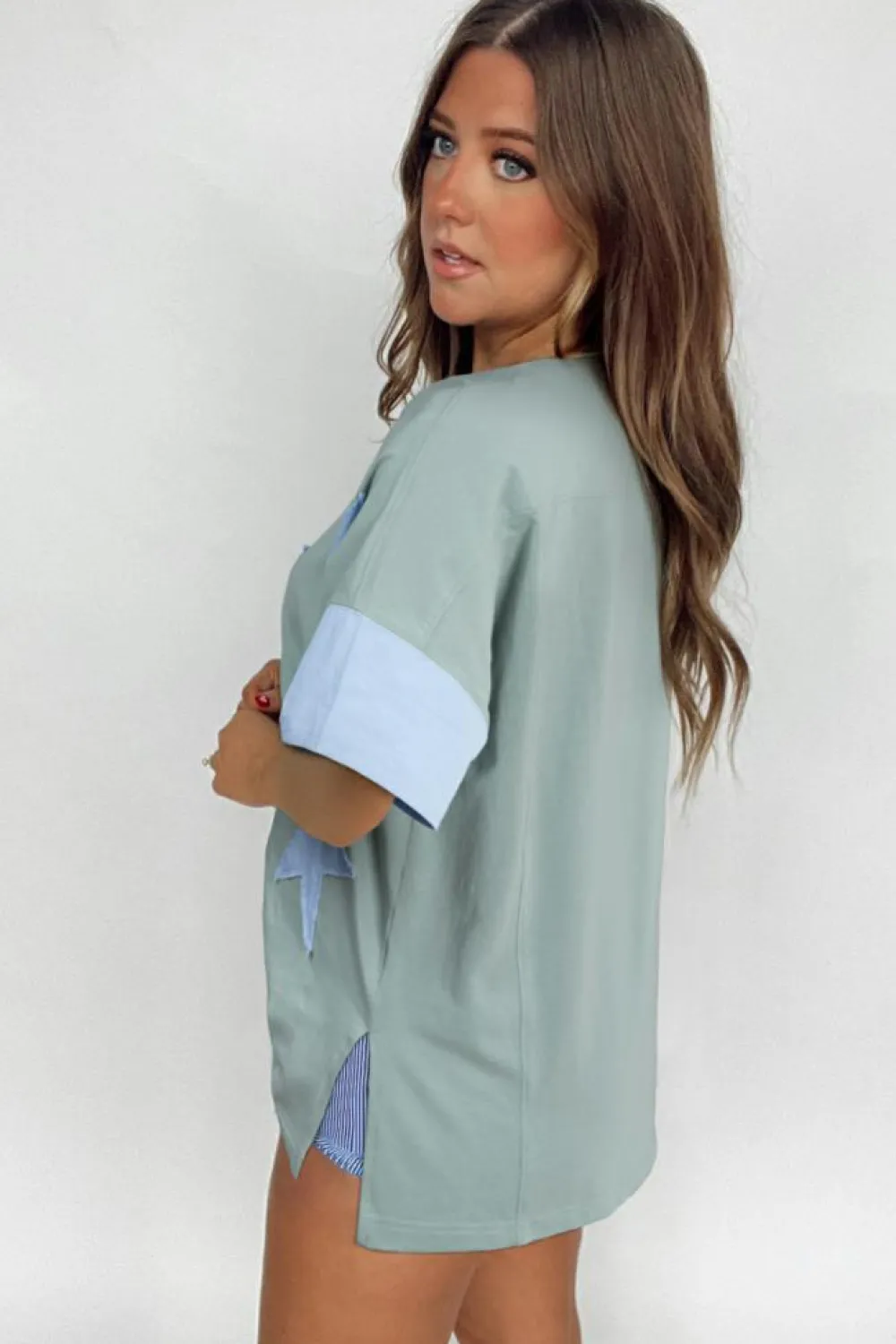 Hot Dear-Lover Frayed Denim Star Patched Oversize T Shirt Smoke Green