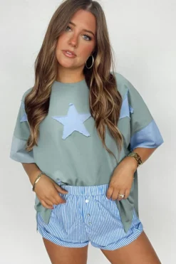 Hot Dear-Lover Frayed Denim Star Patched Oversize T Shirt Smoke Green