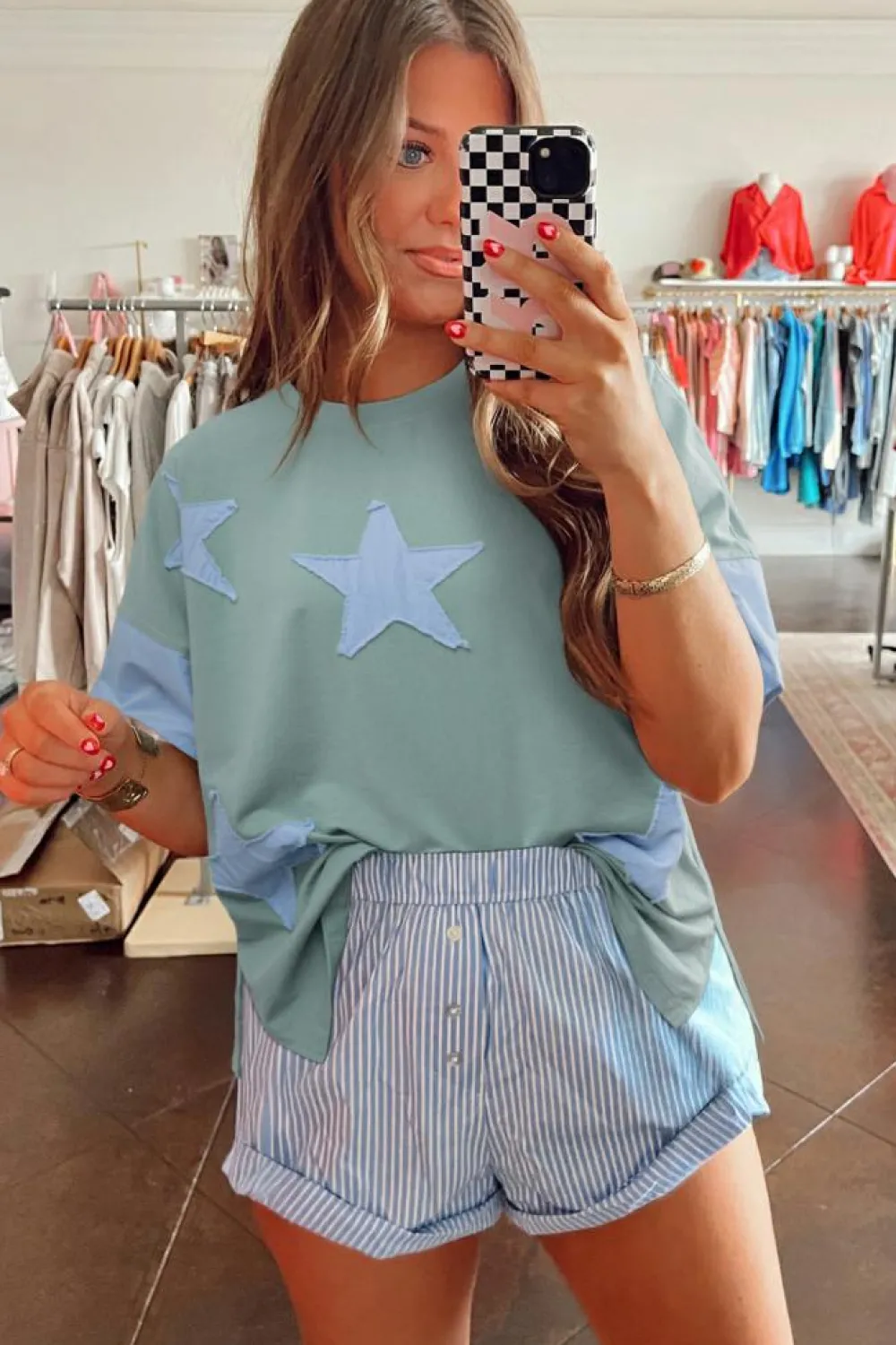 Hot Dear-Lover Frayed Denim Star Patched Oversize T Shirt Smoke Green