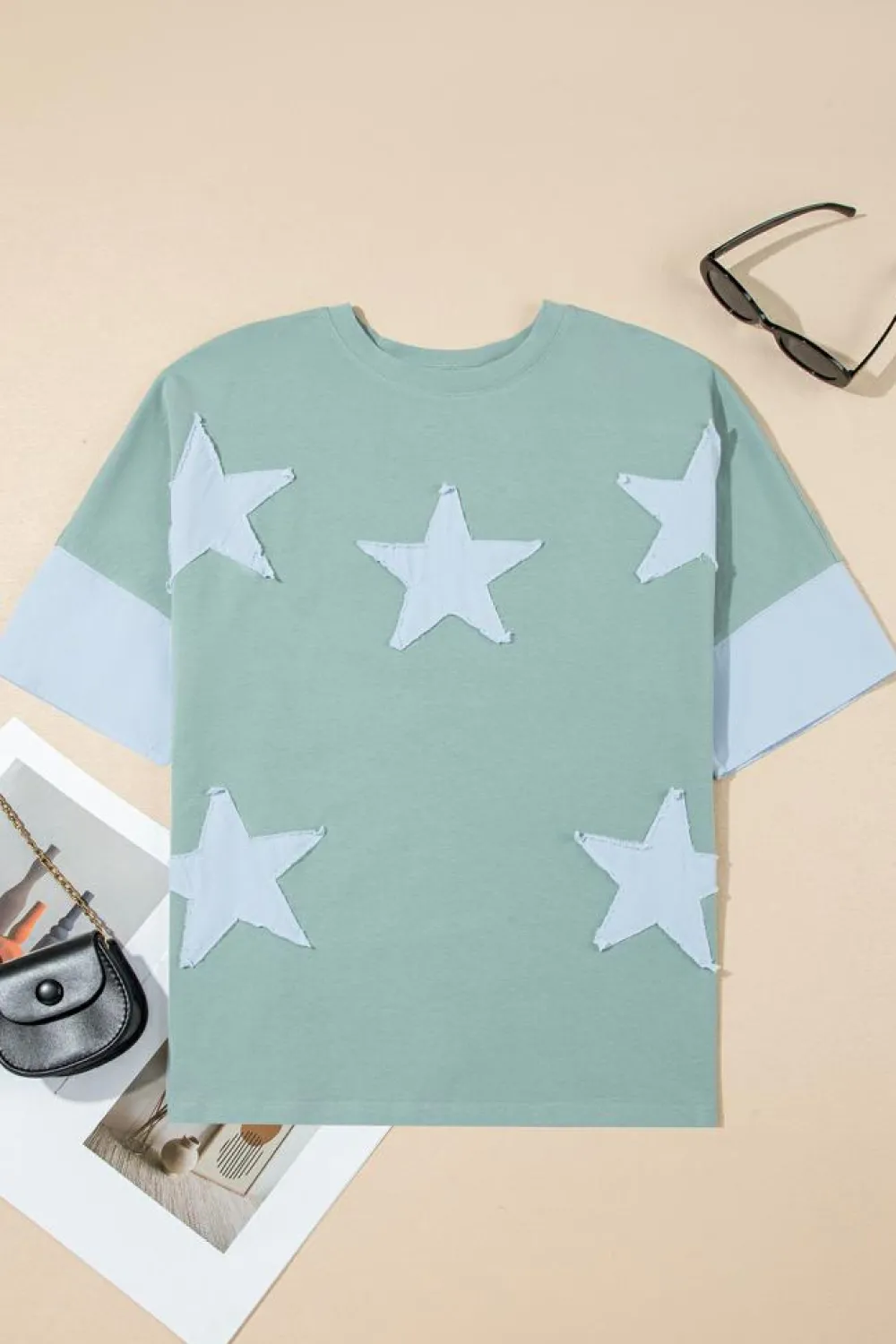 Hot Dear-Lover Frayed Denim Star Patched Oversize T Shirt Smoke Green
