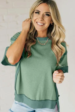 Clearance Dear-Lover Half Sleeve Raw Seam High Low Side Split Top Smoke Green