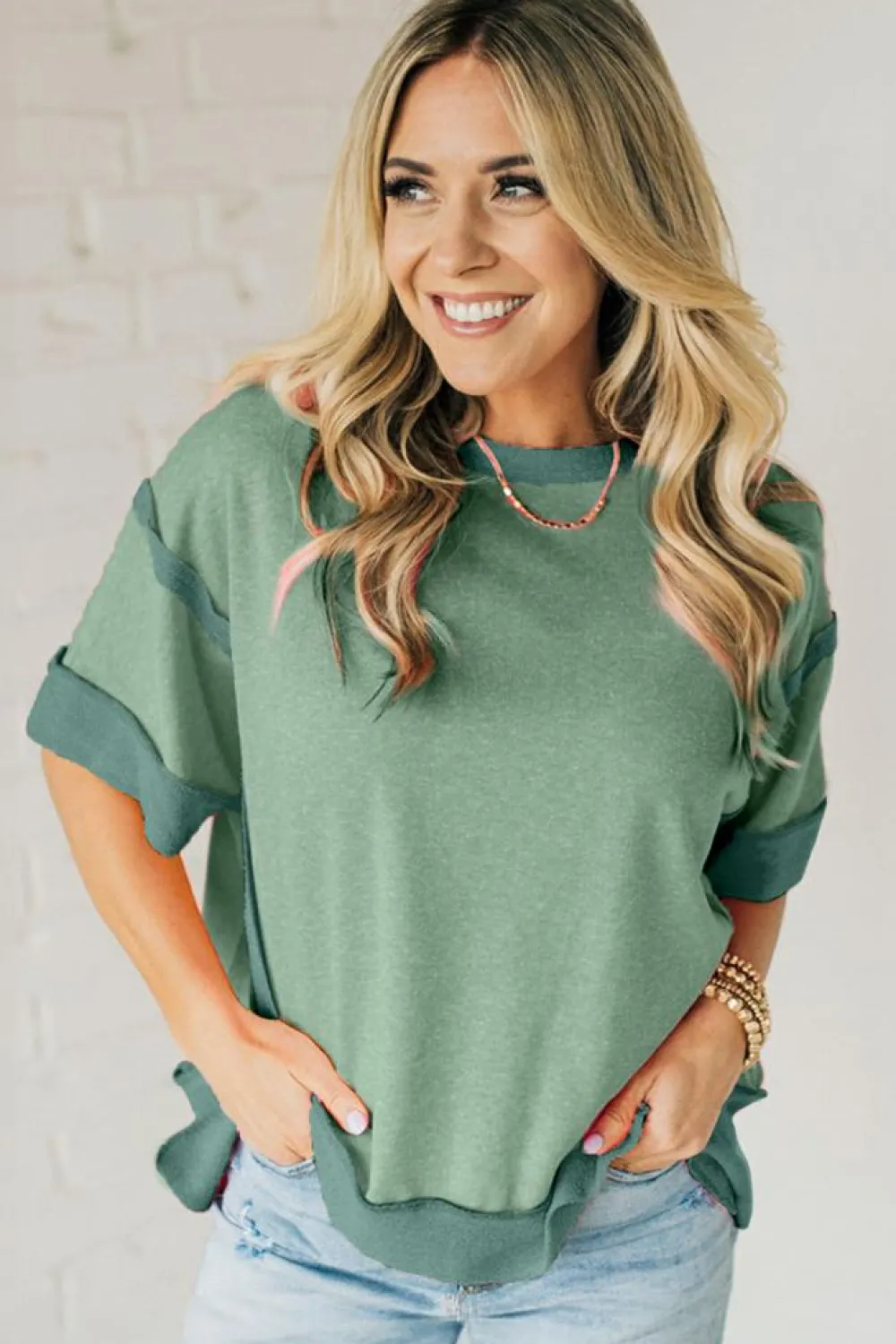 Clearance Dear-Lover Half Sleeve Raw Seam High Low Side Split Top Smoke Green