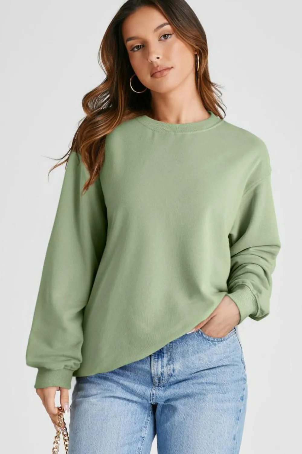 Fashion Dear-Lover Plain Drop Shoulder Crewneck Pullover Sweatshirt Smoke Green